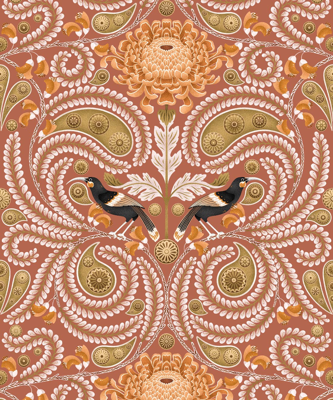 Huia & Chrysanthemum Wallpaper • Folklore & Flora • Terracotta • Swatch
