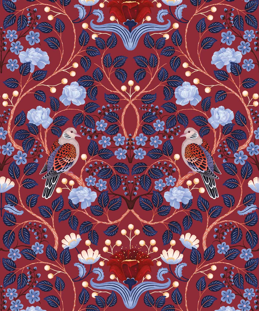 Turtle Doves Wallpaper • Folklore & Flora • Merlot • Swatch