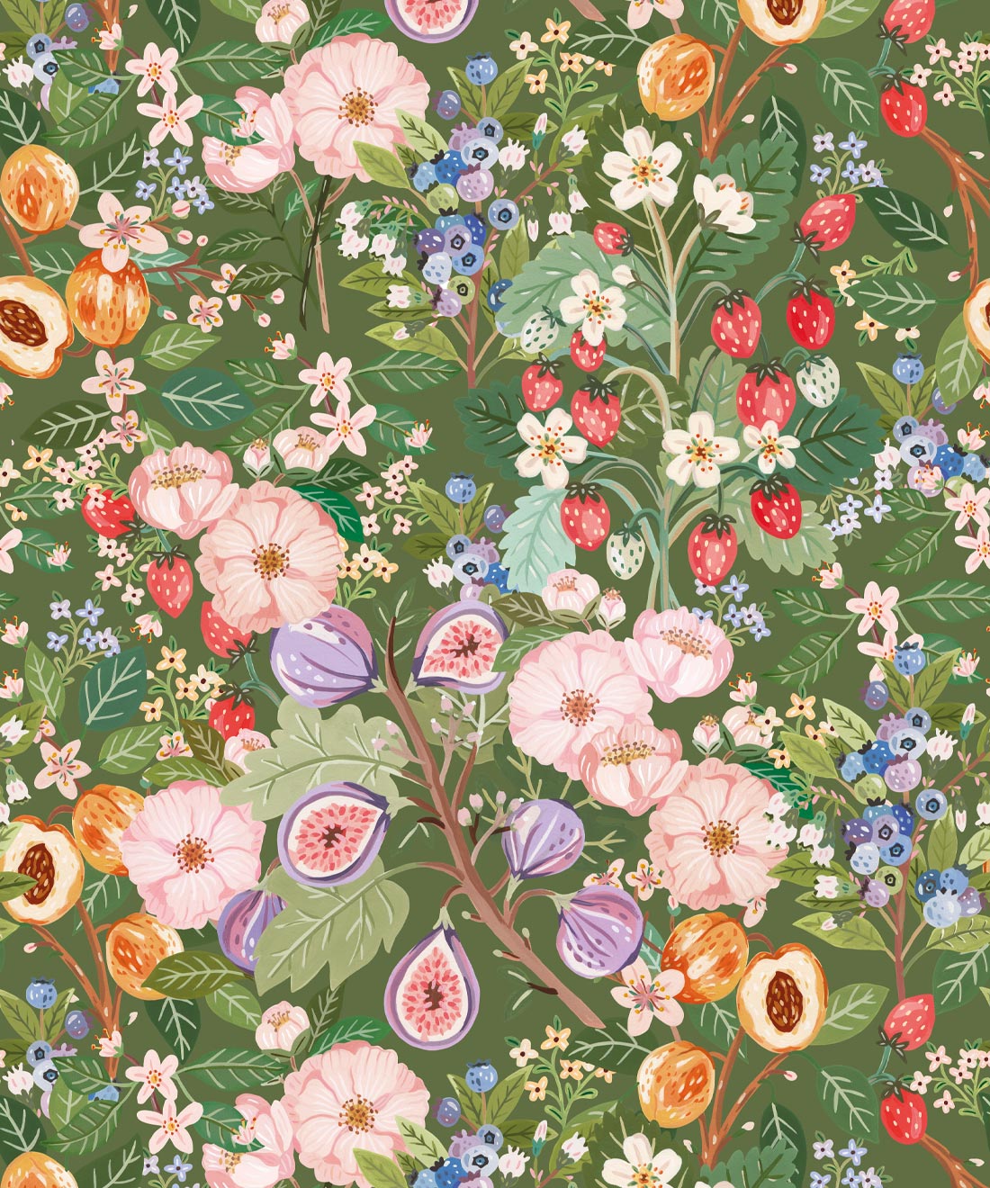 Summer Fruit Wallpaper • Bespoke Letterpress • Olive Green • Swatch