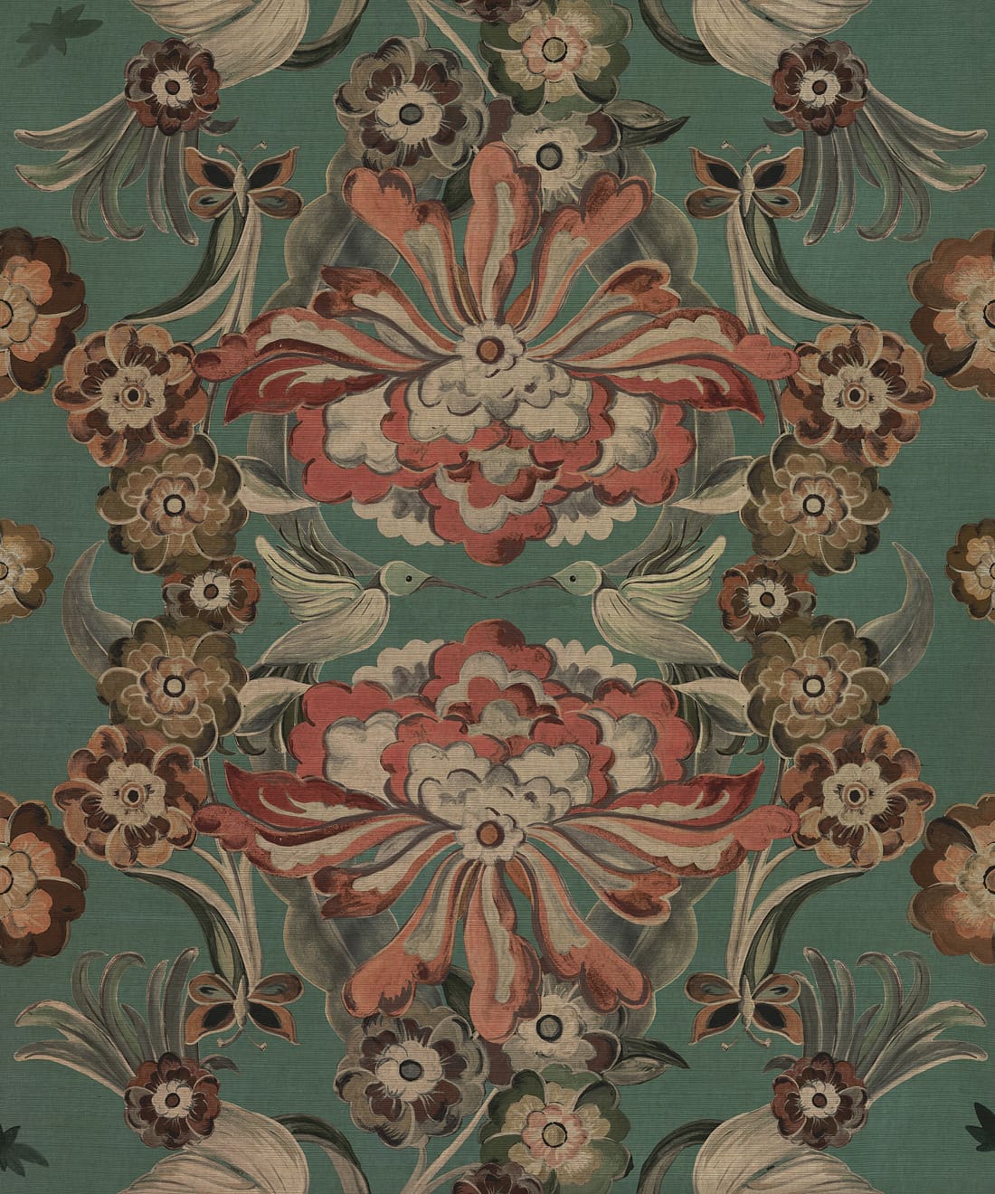 Hummingbird Garden Grasscloth Wallpaper • House of Heras • Teal • Swatch